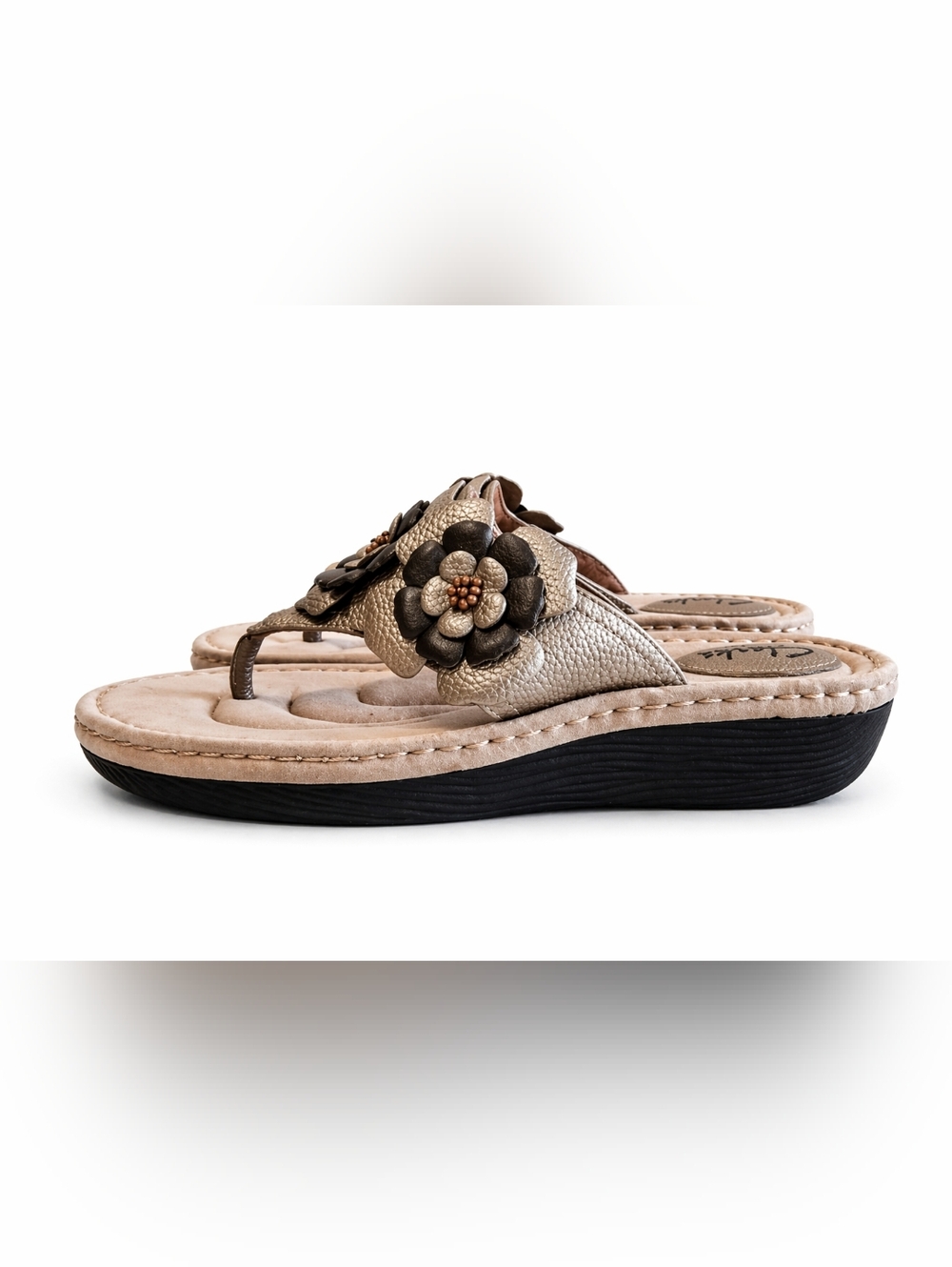 Clarks Artisan Floral Leather Wedge l Sandals Sz.8.5 Taupe Comfort Boho Casual - Picture 6 of 16